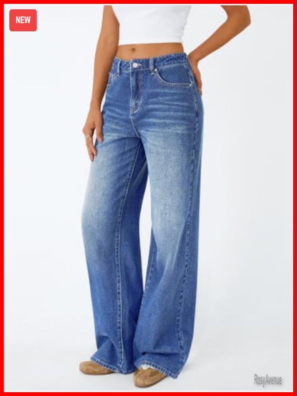 Women's High Waisted Straight Wide Leg Jeans Comfort Stretch Baggy Denim - Picture 3 of 6